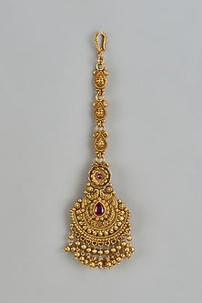 Gold Finish Kundan Polki & Red Stone Temple Maangtikka