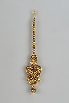 Gold Finish Kundan Polki & Red Stone Temple Maangtikka