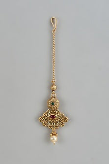 Gold Finish Kundan Polki & Red Stone Temple Maangtikka