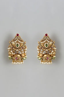 Gold Finish Kundan Polki & Pearl Temple Jhumka Earrings