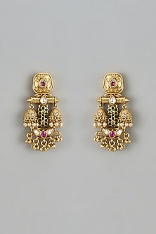 Gold Finish Kundan Polki & Pearl Temple Dangler Earrings