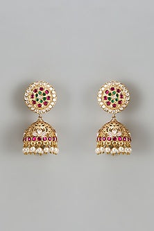 Gold Finish Kundan Polki & Red Stone Temple Jhumka Earrings