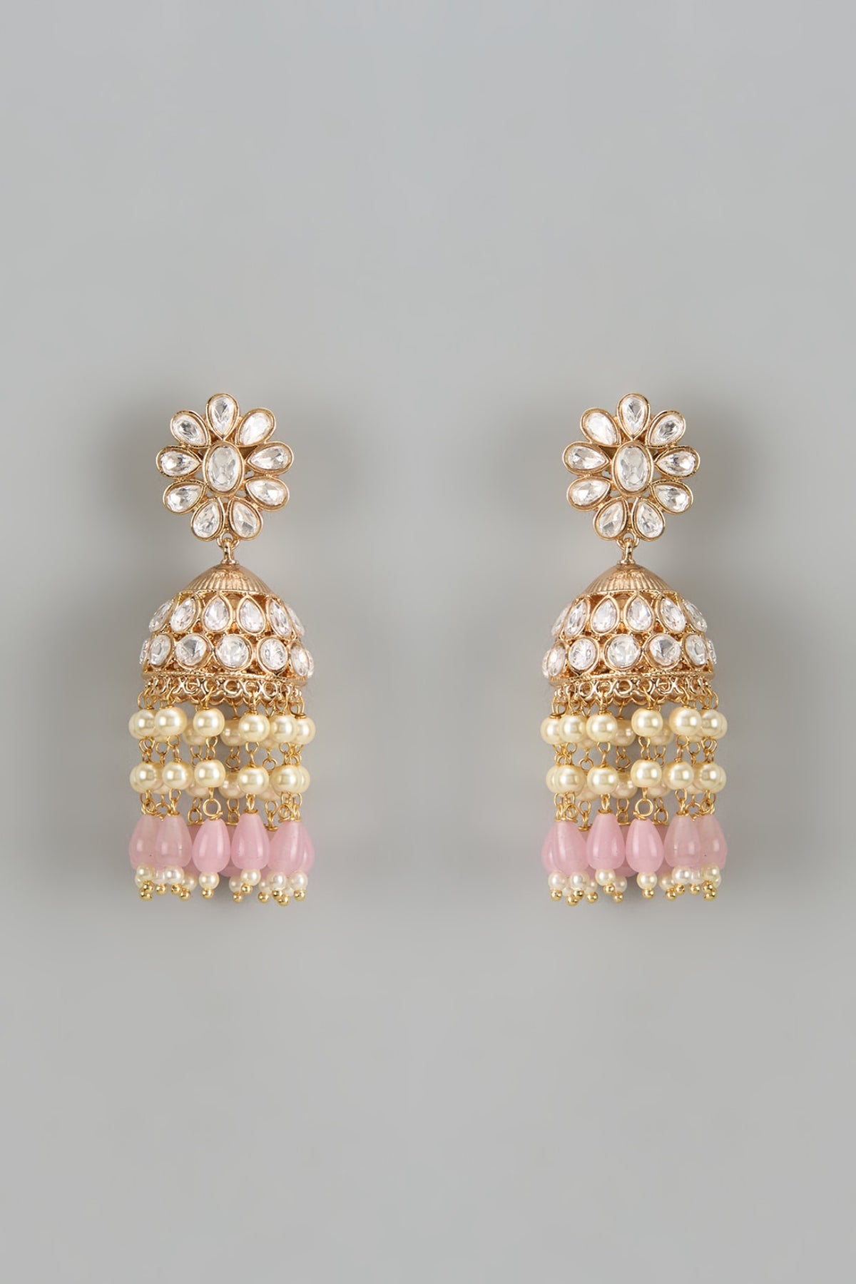 Gold Finish Kundan Polki & Pink Stone Temple Jhumka Earrings
