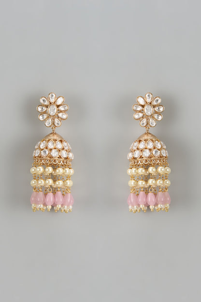 Gold Finish Kundan Polki & Pink Stone Temple Jhumka Earrings
