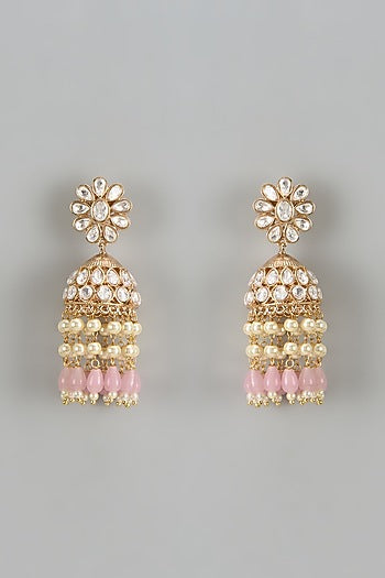 Gold Finish Kundan Polki & Pink Stone Temple Jhumka Earrings
