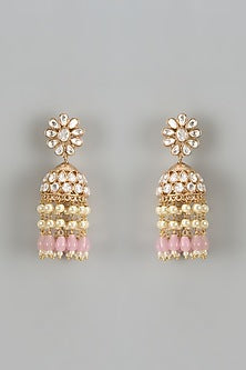 Gold Finish Kundan Polki & Pink Stone Temple Jhumka Earrings