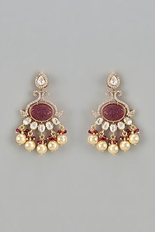 Gold Finish Kundan Polki & Red Stone Temple Dangler Earrings
