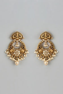 Gold Finish Kundan Polki & Pearl Temple Chandbaali Earrings