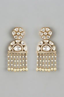 Gold Finish Kundan Polki & Pearl Temple Dangler Earrings