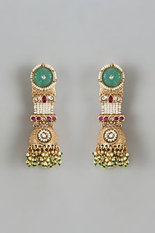 Gold Finish Kundan Polki & Green Stone Temple Jhumka Earrings