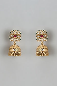 Gold Finish Kundan Polki & Red Stone Temple Jhumka Earrings