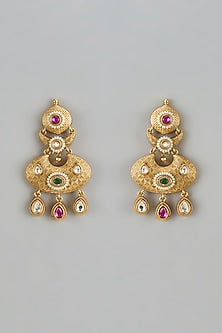 Gold Finish Kundan Polki & Multi-Colored Stone Temple Dangler Earrings