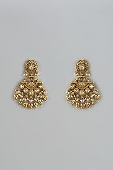 Gold Finish Kundan Polki & Red Stone Temple Dangler Earrings