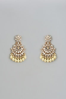 Gold Finish Kundan Polki & Pearl Temple Chandbaali Earrings