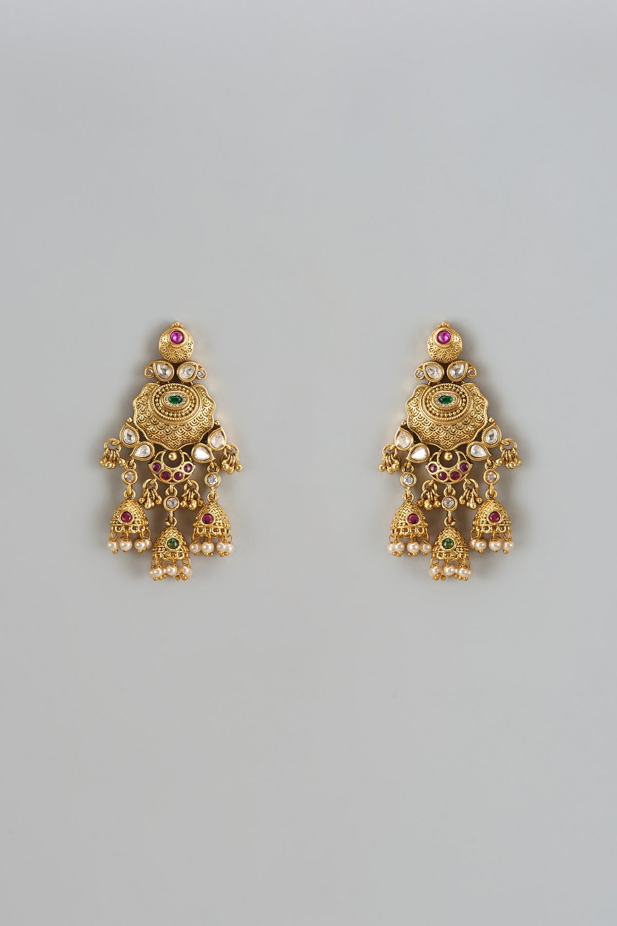 Gold Finish Kundan Polki & Multi-Colored Stone Temple Jhumka  Earrings