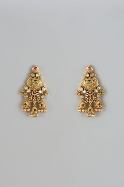 Gold Finish Kundan Polki & Multi-Colored Stone Temple Jhumka  Earrings