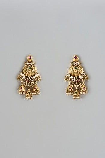 Gold Finish Kundan Polki & Multi-Colored Stone Temple Jhumka  Earrings