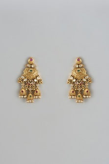 Gold Finish Kundan Polki & Multi-Colored Stone Temple Jhumka  Earrings