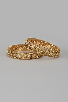 Gold Finish Emerald Stone Temple Bangles (Set of 2)