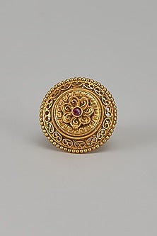 Gold Finish Kundan Polki & Red Stone Temple Ring