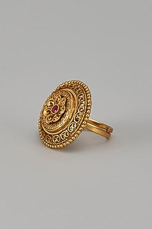 Gold Finish Kundan Polki & Red Stone Temple Ring