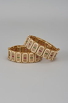 Gold Finish Kundan Polki & Multi-Colored Stone Temple Bangles (Set Of 2)