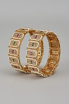 Gold Finish Kundan Polki & Multi-Colored Stone Temple Bangles (Set Of 2)