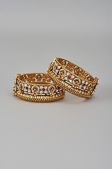 Gold Finish Kundan Polki & Multi-Colored Stone Temple Bangles (Set Of 2)