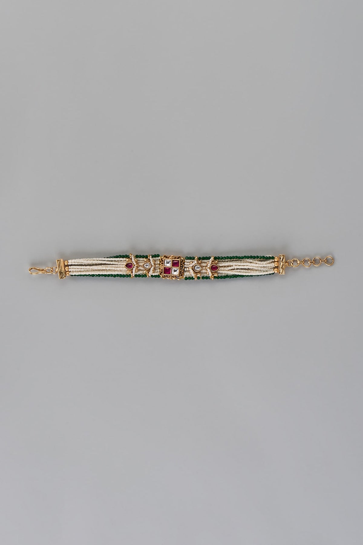 Gold Finish Kundan Polki & Multi-Colored Stone Temple Bracelet