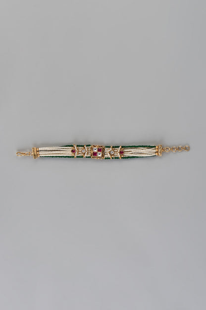 Gold Finish Kundan Polki & Multi-Colored Stone Temple Bracelet