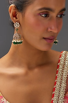 Gold Finish Kundan Polki & Green Stone Jhumka Earrings