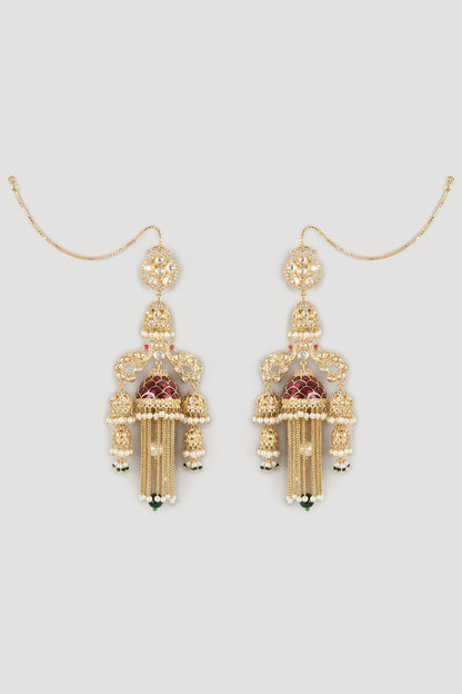 Gold Finish Red Stone Dangler Earrings