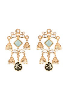 Gold Finish Kundan Polki & Pearl Engraved Earrings
