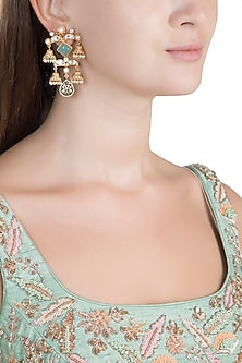 Gold Finish Kundan Polki & Pearl Engraved Earrings