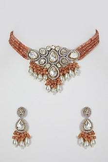 Two- Tone Rhodium Finish Kundan Polki & Zircon Beaded Choker Necklace Set