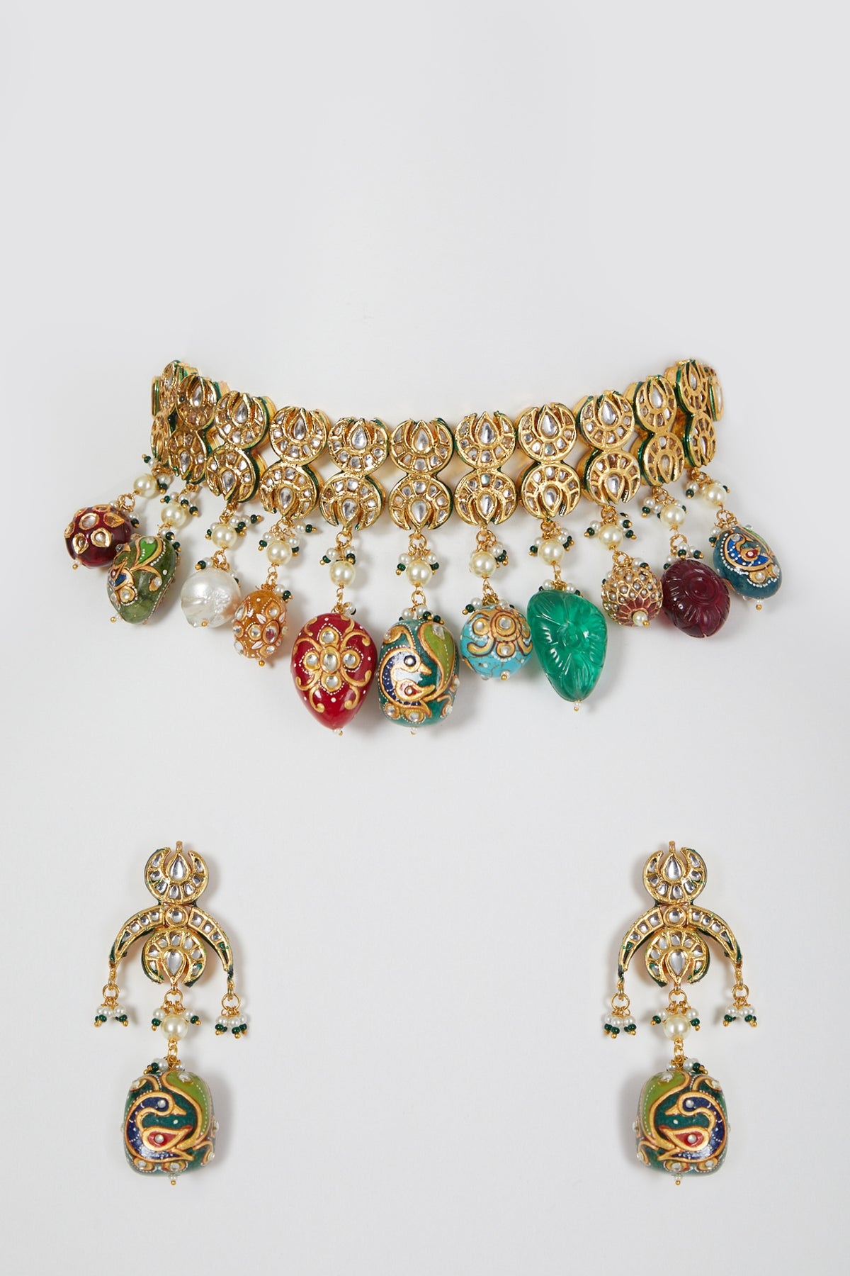 Gold Finish Multi-Colored Stone & Pearl Necklace Set