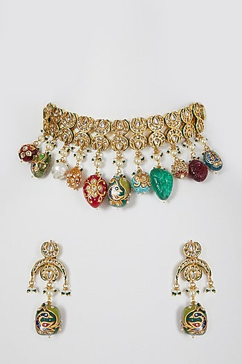 Gold Finish Multi-Colored Stone & Pearl Necklace Set
