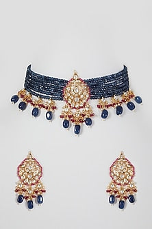 Gold Finish Kundan Polki Beaded Necklace Set