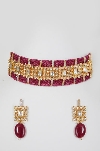 Gold Finish Kundan Polki Beaded Choker Necklace Set