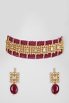 Gold Finish Kundan Polki Beaded Choker Necklace Set