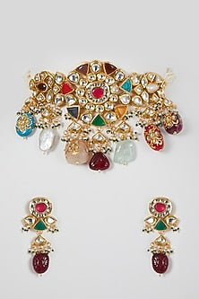 Gold Finish Multi-Colored Stone & Kundan Polki Necklace Set