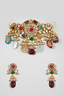 Gold Finish Multi-Colored Stone & Kundan Polki Necklace Set