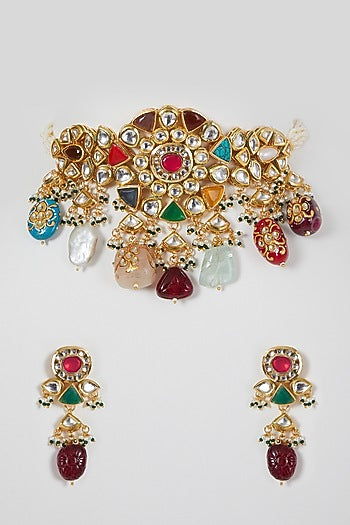 Gold Finish Multi-Colored Stone & Kundan Polki Necklace Set