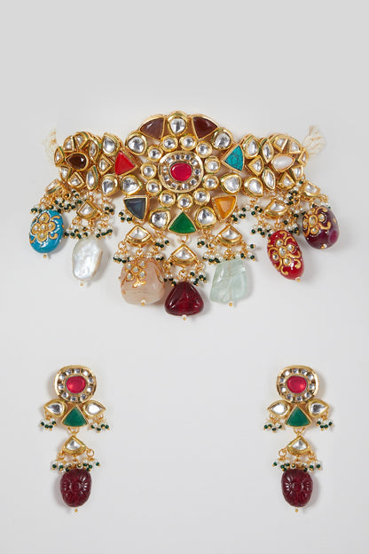 Gold Finish Multi-Colored Stone & Kundan Polki Necklace Set