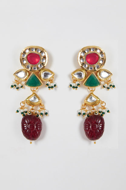 Gold Finish Multi-Colored Stone & Kundan Polki Necklace Set