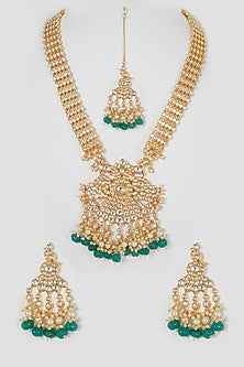 Gold Finish Kundan Polki Beaded Long Necklace Set