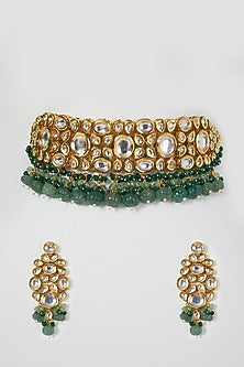 Gold Finish  Kundan Polki & Beaded Choker Necklace Set