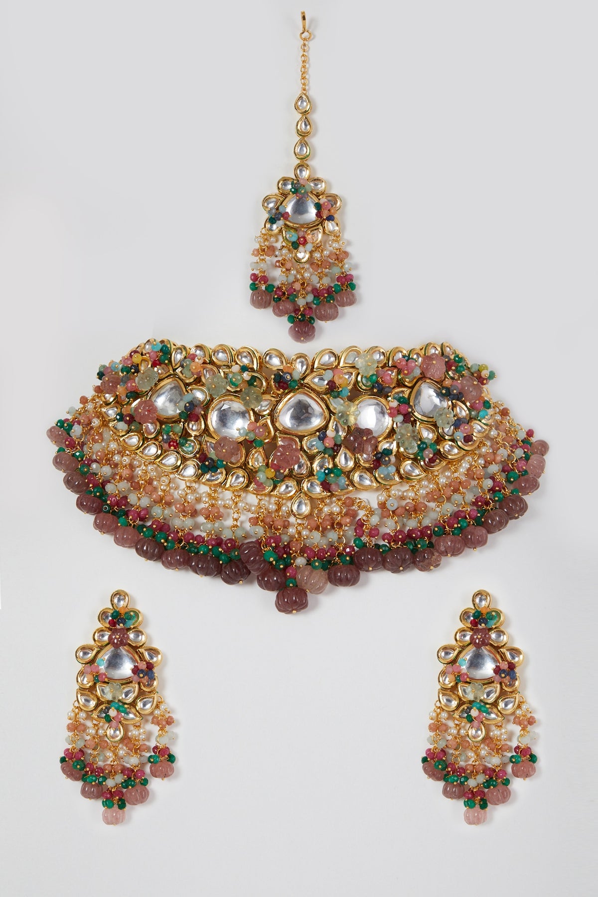 Gold Finish Kundan Polki & Beaded Necklace Set