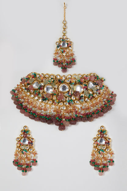 Gold Finish Kundan Polki & Beaded Necklace Set