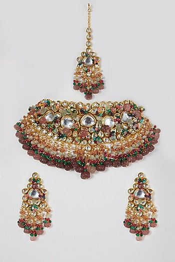 Gold Finish Kundan Polki & Beaded Necklace Set